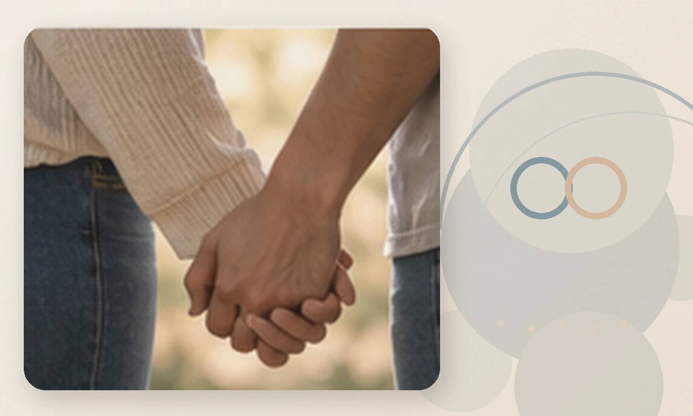 Warm, calming editorial illustration inspired by communication relationships partners holding hands, accompanying the article A look at what happens in virtual couples therapy
