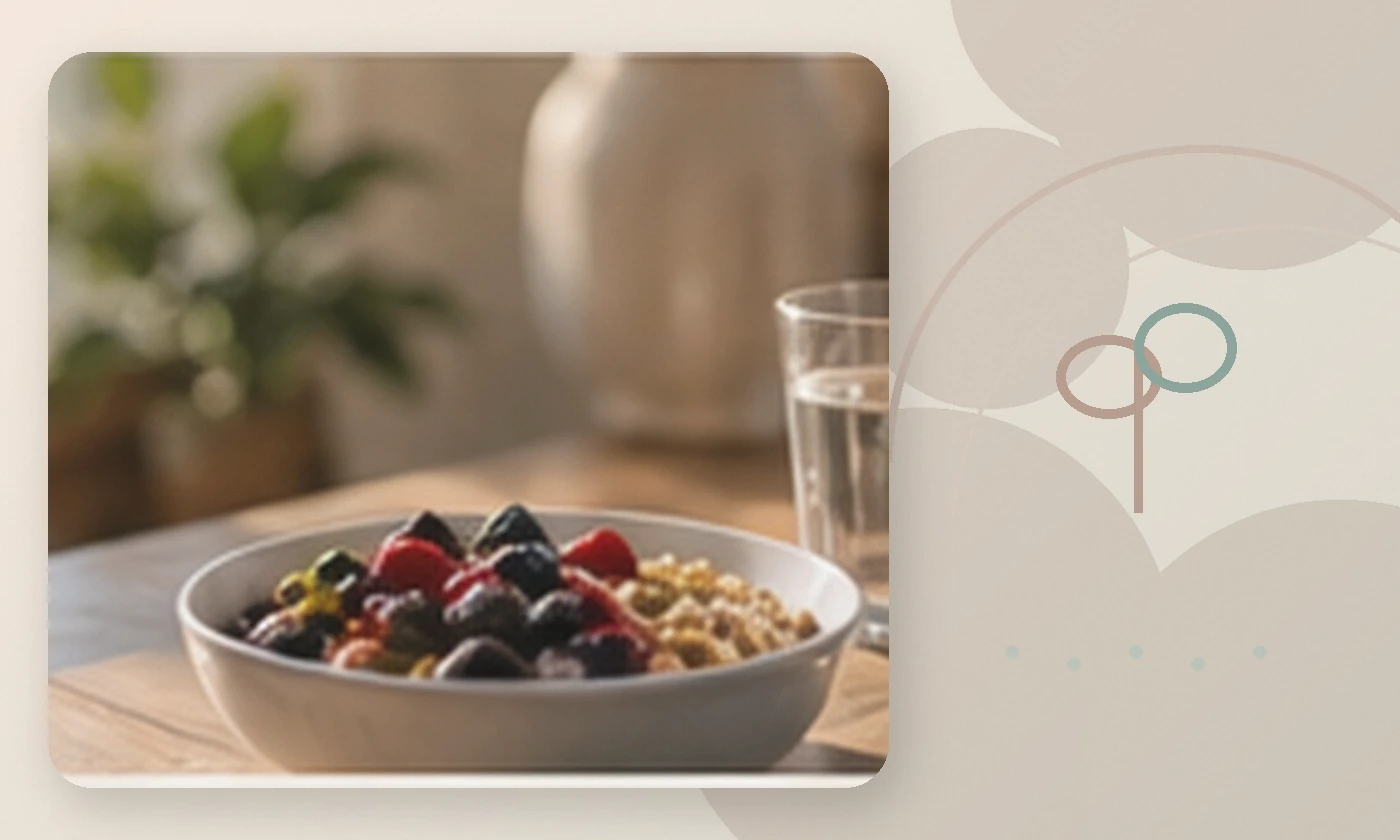 Warm, calming editorial illustration inspired by nutrition mental health bowl berries, accompanying the article A New Course: Coping With Food Allergies