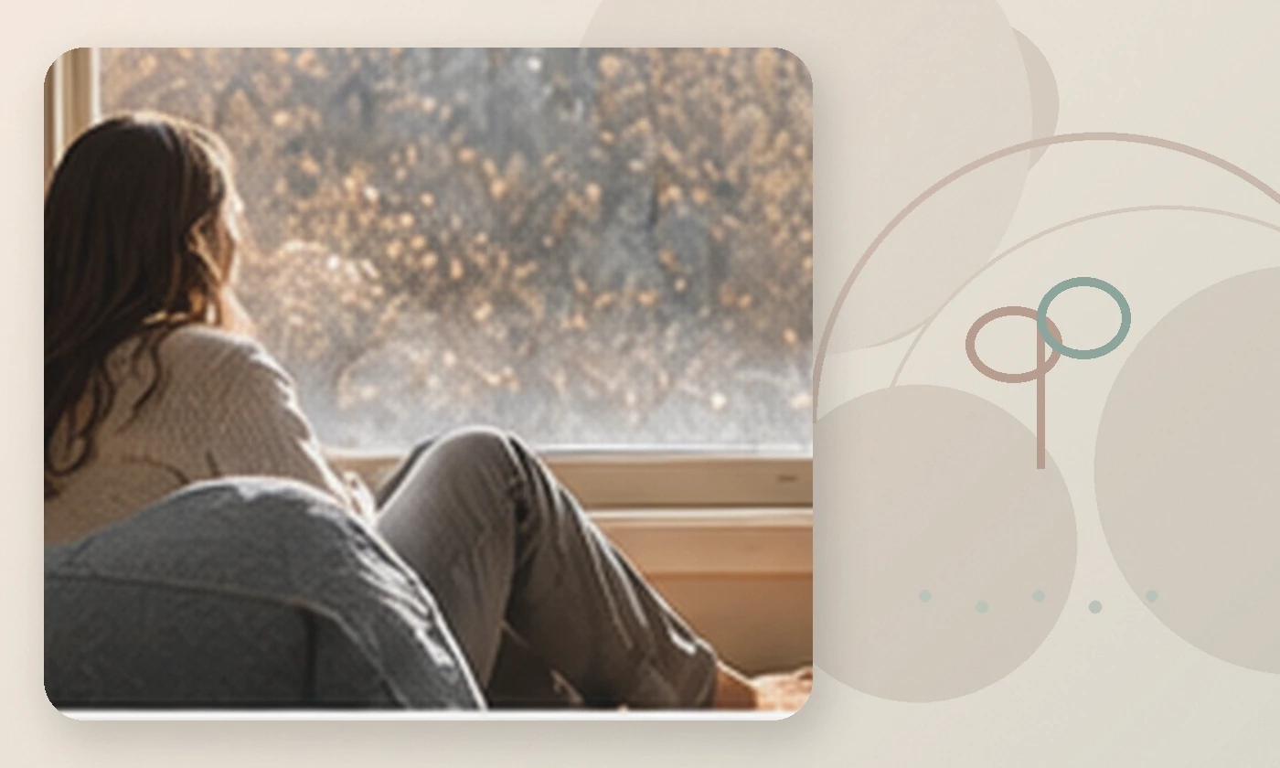 Warm, calming editorial illustration inspired by seasonal affective disorder woman at snowy window, accompanying the article A New Hope: A Caring Approach to Eating Disorder Recovery
