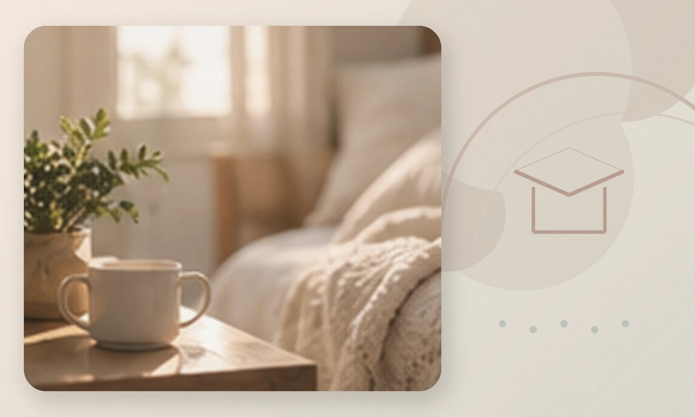 Warm, calming editorial illustration inspired by improve sleep mental health coffee bedroom, accompanying the article A New Lesson: Professors and Their Mental Health