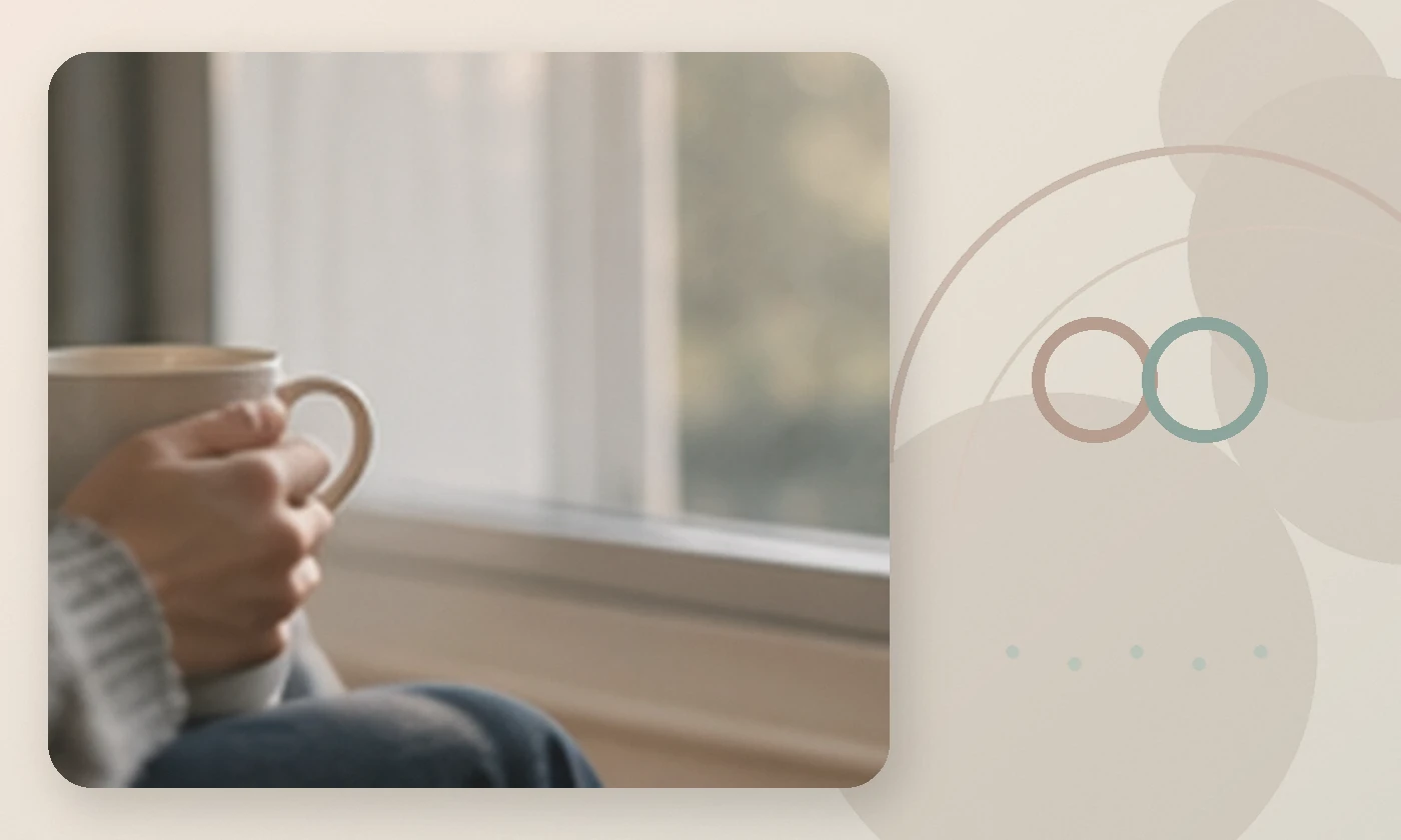 Warm, calming editorial illustration inspired by hope healing woman mug window, accompanying the article Best Hope For Couples: Effectiveness of Online Marriage Counseling