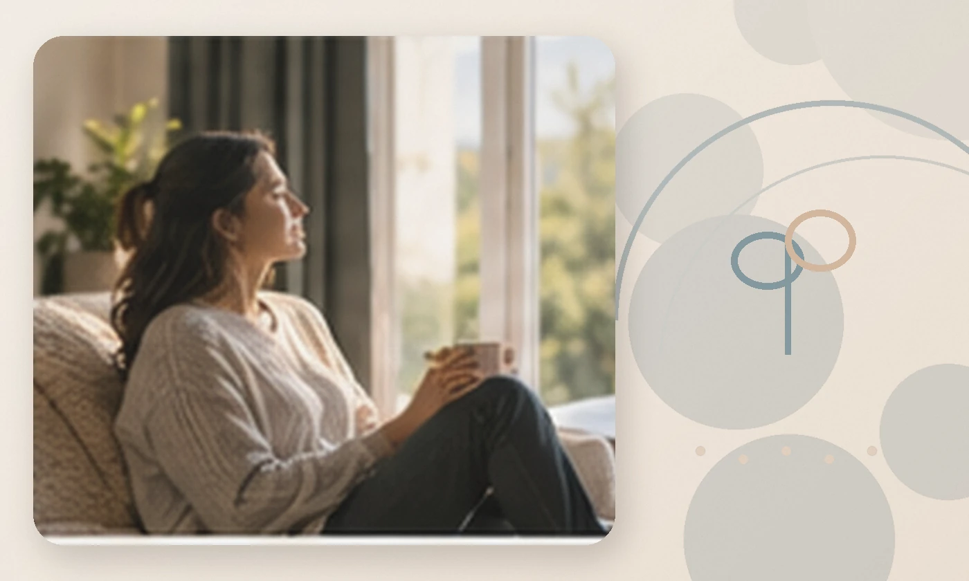 Warm, calming editorial illustration inspired by finding purpose woman reflecting window, accompanying the article Finding a Better Way: Taking Care of Your Mental Health