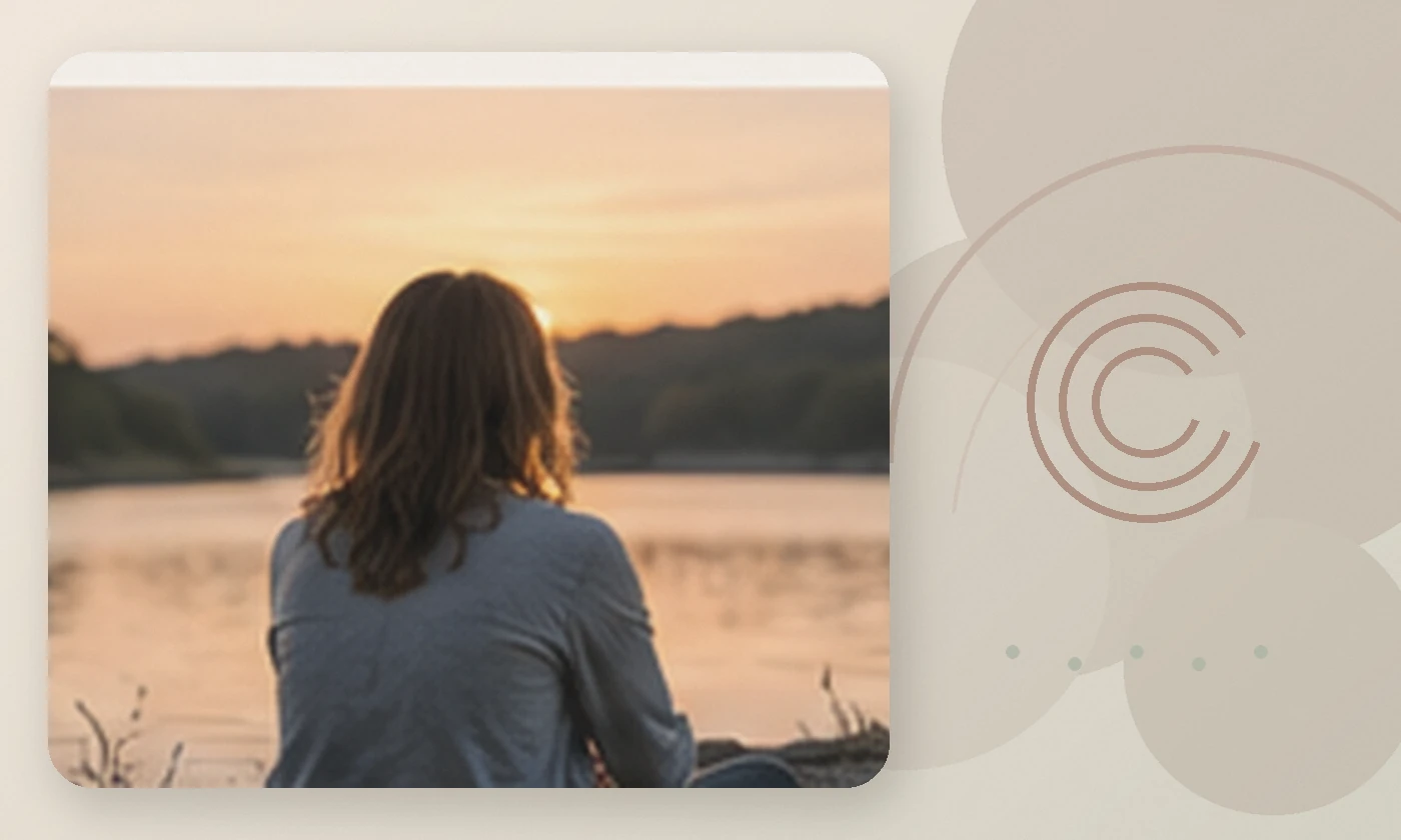 Warm, calming editorial illustration inspired by grief loss support woman watching sunset water, accompanying the article How to Overcome Fear of Failure and Loss with Care