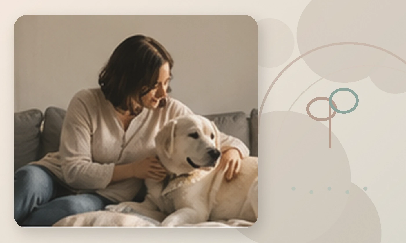 Warm, calming editorial illustration inspired by mental health and chronic illness woman comforting dog, accompanying the article Living with chronic illness and pain: How to cope