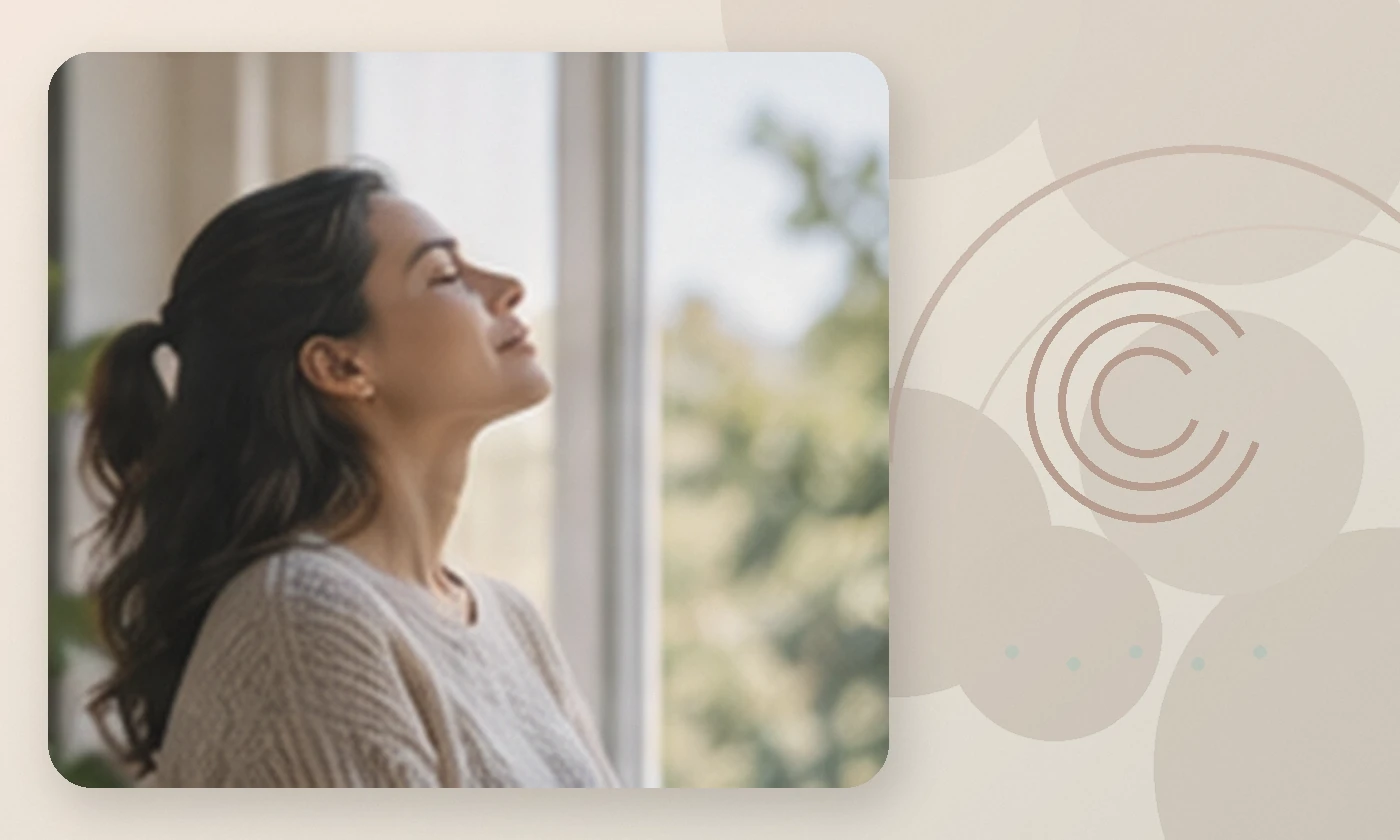 Warm, calming editorial illustration inspired by stress management woman breathing window, accompanying the article Medication or therapy? How to cope with stress and anxiety
