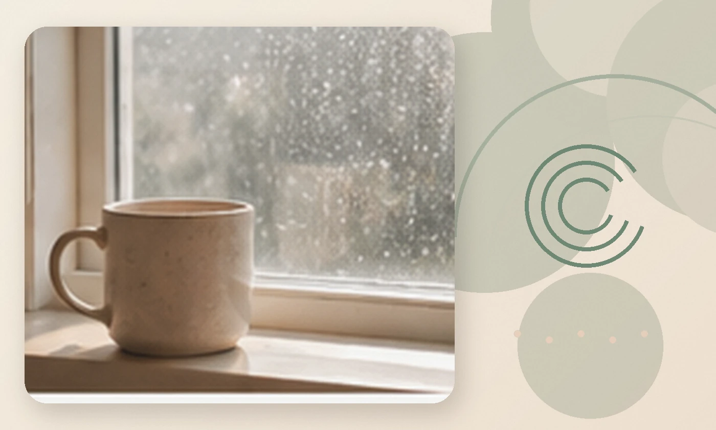 Warm, calming editorial illustration inspired by dealing with uncertainty rainy window coffee, accompanying the article Stressing About Money? Here’s How to Cope