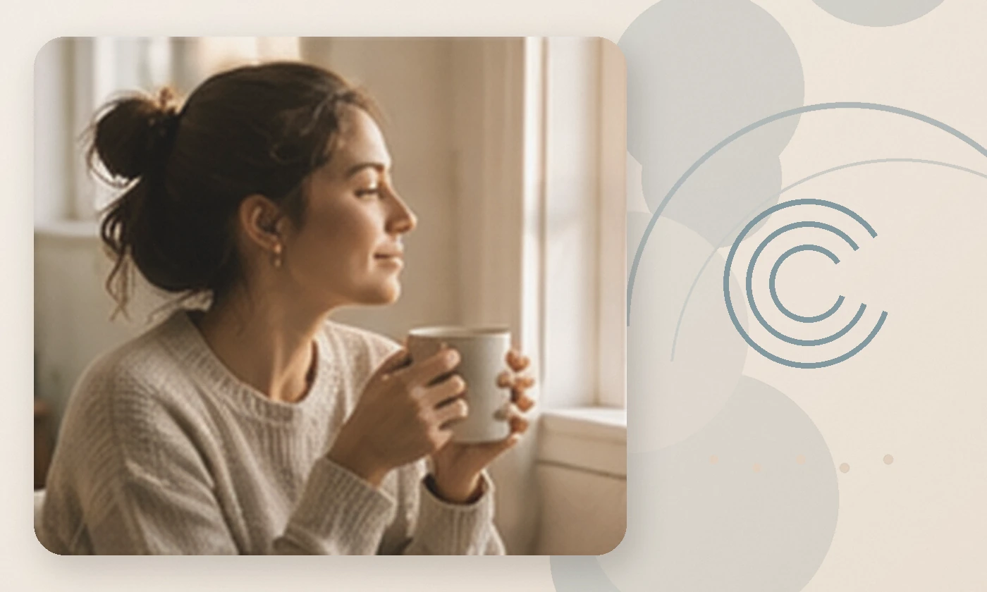 Warm, calming editorial illustration inspired by understanding anxiety woman coffee window, accompanying the article The truth about alcohol and anxiety