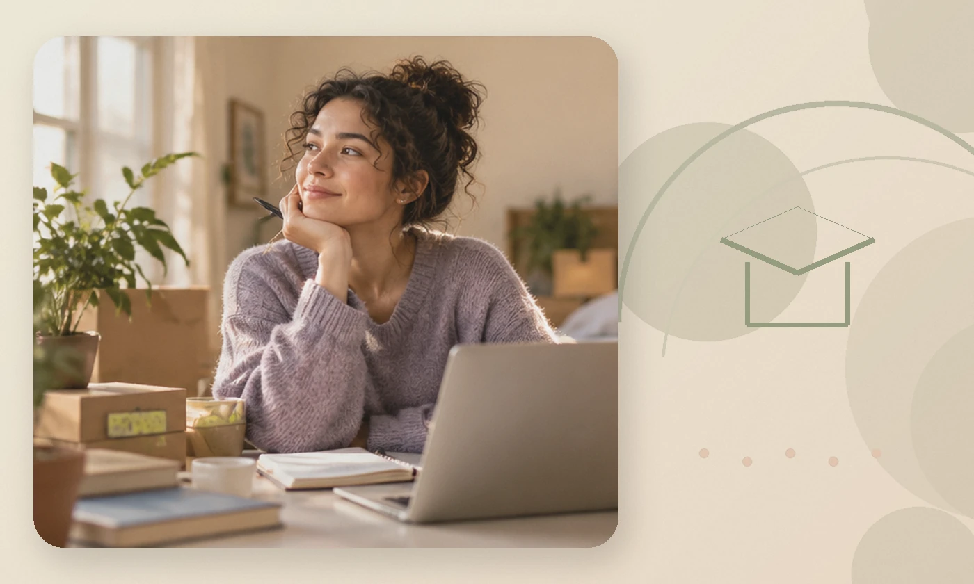 Warm, calming editorial illustration inspired by college graduate life transition career laptop move, accompanying the article The truth about college graduates’ mental health