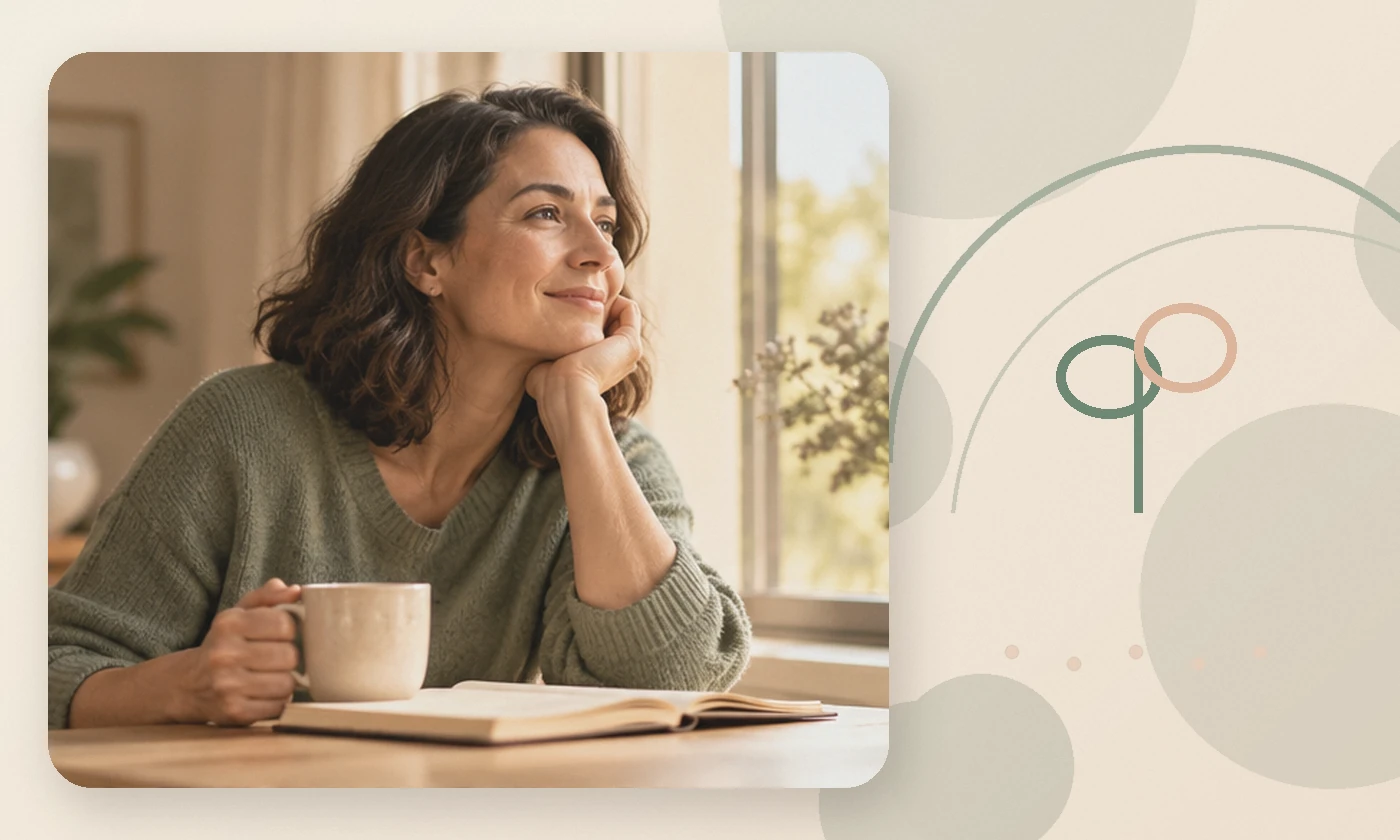Warm, calming editorial illustration inspired by adult contemplating mental health notebook tea at window, accompanying the article Top 10 Mental Health Issues For Ages 18 to 65: How to cope