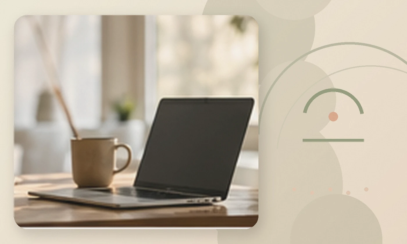 Warm, calming editorial illustration inspired by work life balance laptop coffee desk, accompanying the article Working From Home: The True Challenge